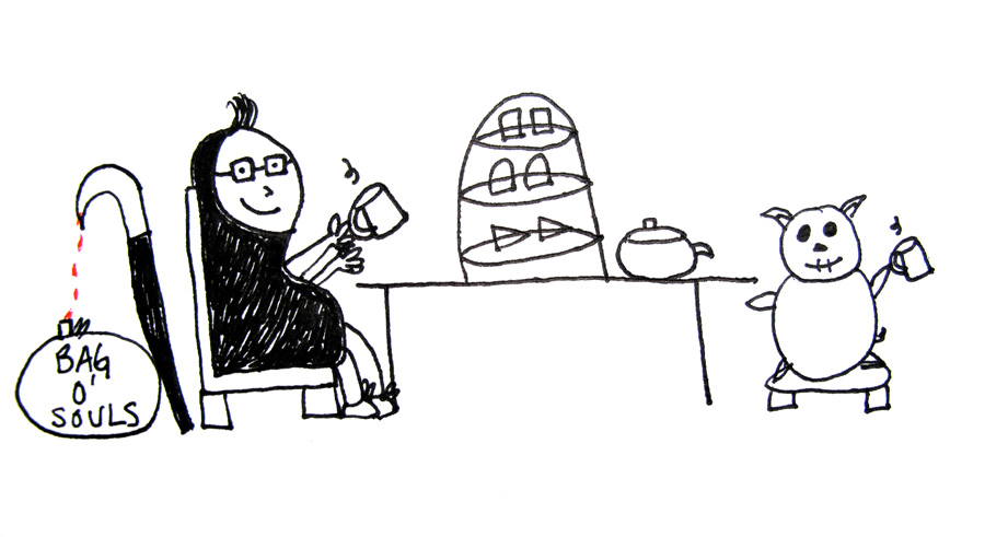Death and his baby hellhound enjoy a spot of afternoon tea during their workday.