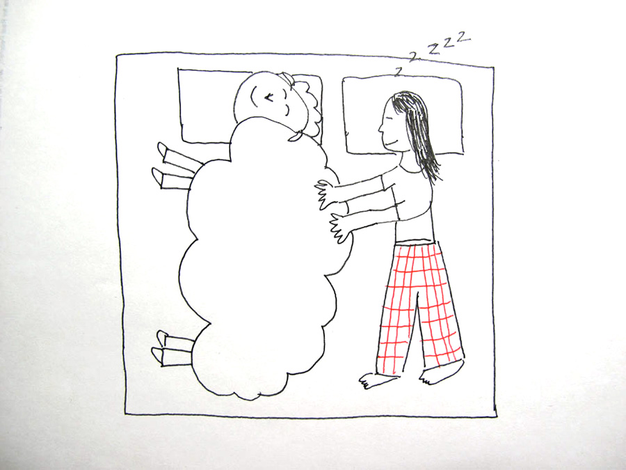 Not sure why the sheep was sleeping in my bed, but it was very peaceful, fat, and fluffy.